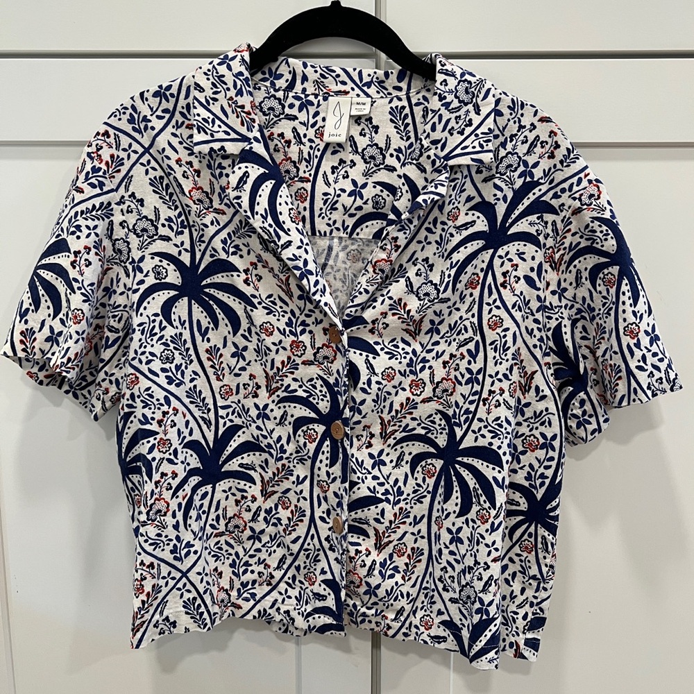 JOIE LINEN BLEND FLORAL CAMP SHIRT, SIZE M.